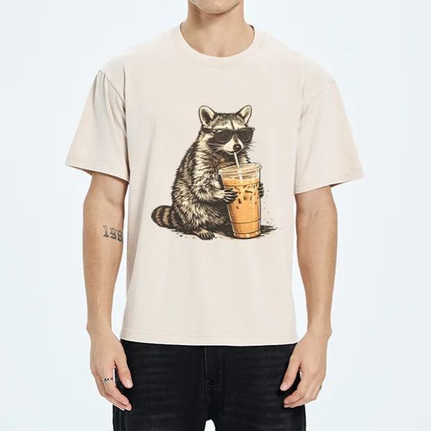 Magmoo Raccoon Drinking Coffee Funny Washed T-Shirt
