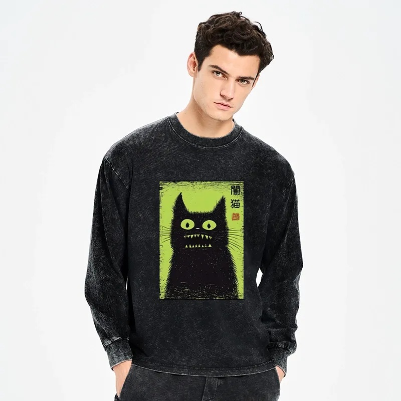 Magmoo Spooky Black Cat Japanese Washed Long Sleeve T-Shirt-Magmoo