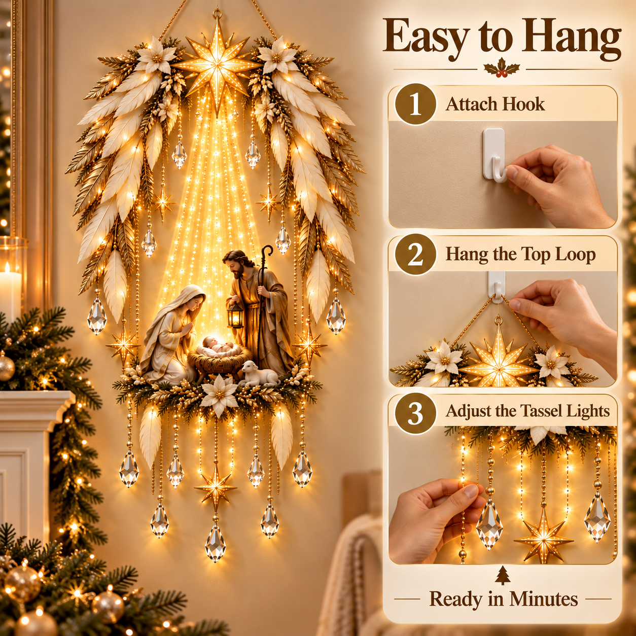 Easy three-step hanging instructions for Christmas Nativity wall decoration