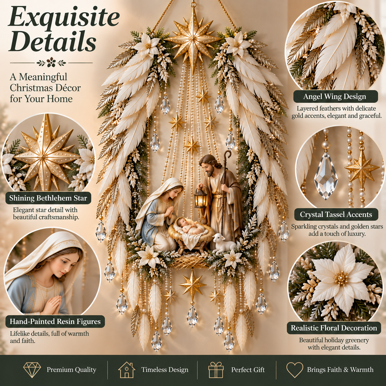 Detailed Bethlehem Star, angel wing design, crystal tassel accents and Nativity figures