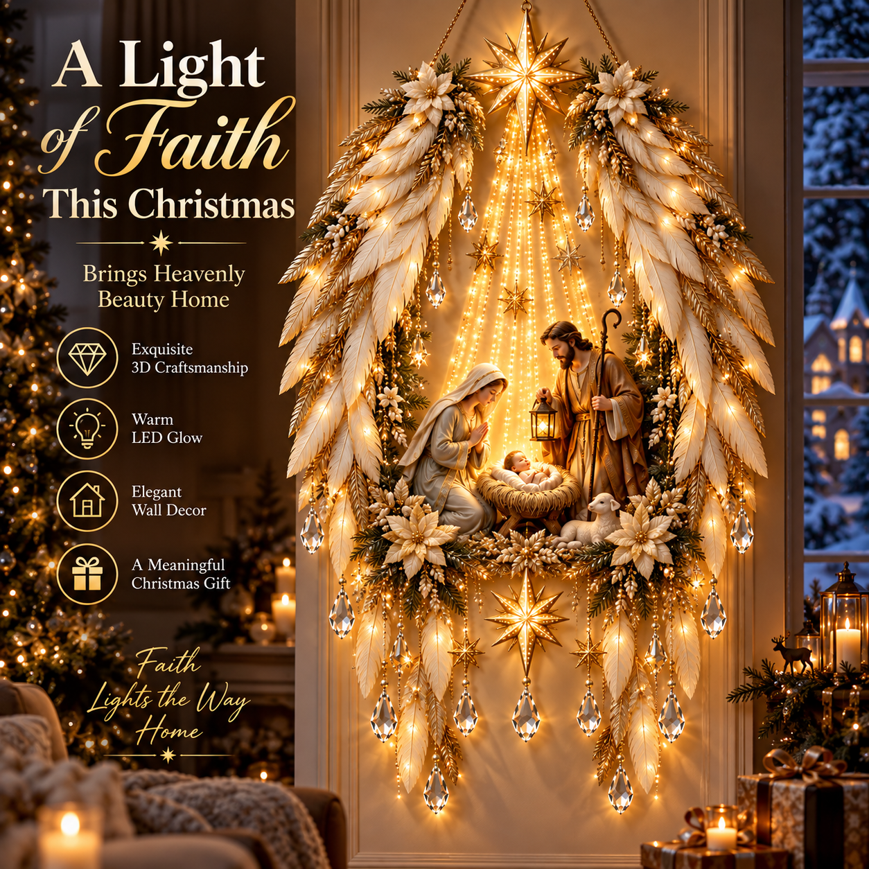 Light of Faith Christmas Nativity wall decor with Bethlehem Star and warm cascading lights