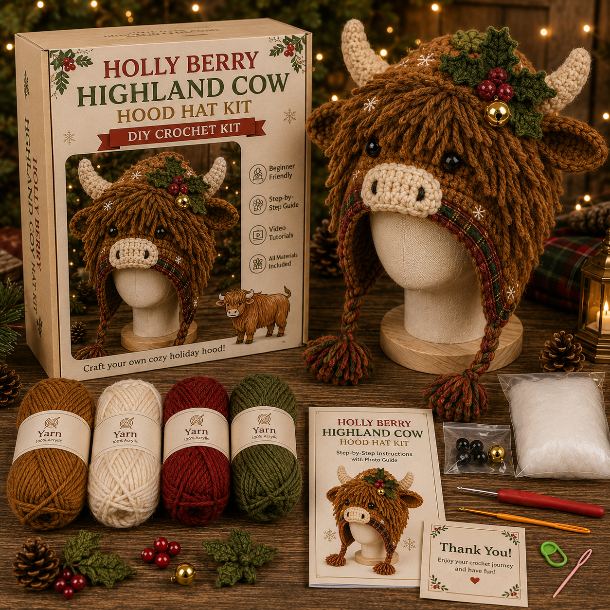 Christmas Highland Cow Hood Hat DIY Crochet Kit™