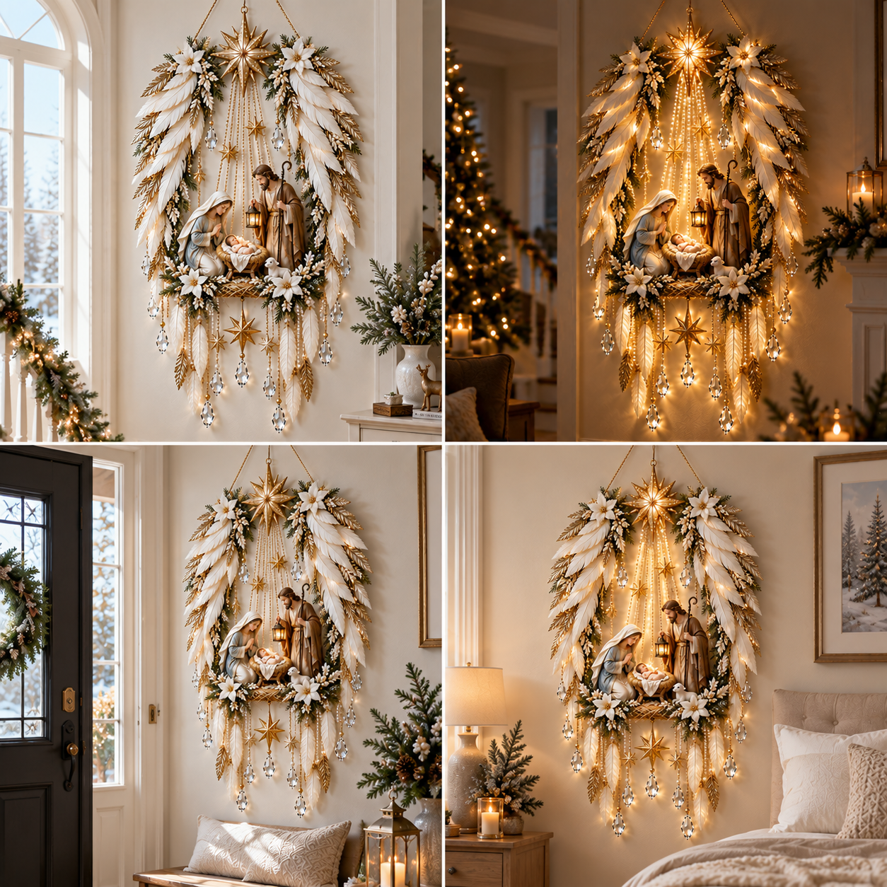 Bethlehem Nativity wall decor shown in multiple home settings by day and night