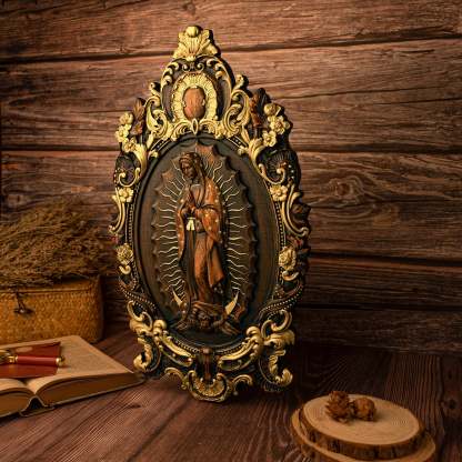 Religious gift with rich details of the wooden statue of Our Lady of Guadalupe