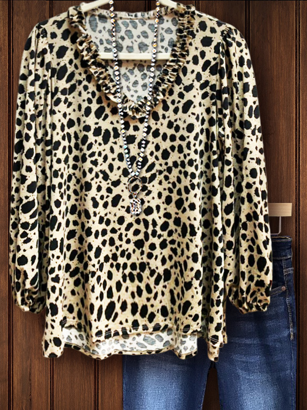 Women's top | Leopard Print Ruffled V-Neck Top |shoptheobsession