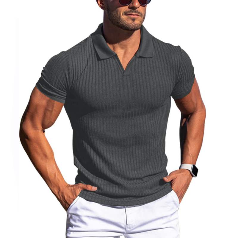 Men's Solid Striped Lapel Short Sleeve Shirt