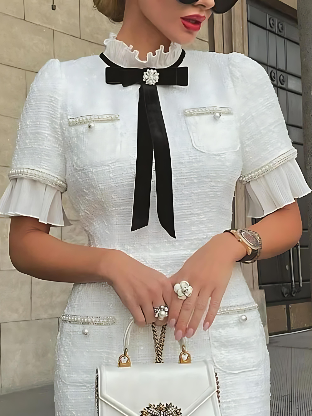 Tweed Pearl Trim Bow Formal Midi Dress