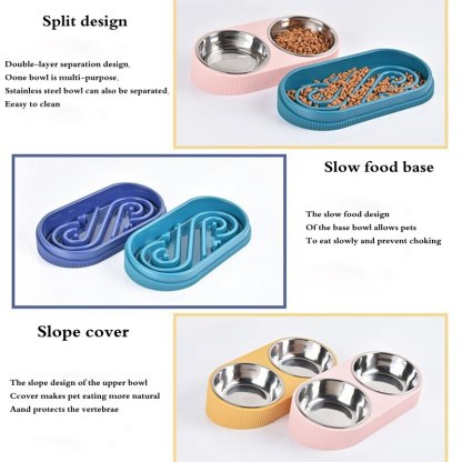 Pet Cat Dog Bowl Double Raised Stand Stainless Steel Dog Cat Food Bowl-gladdween