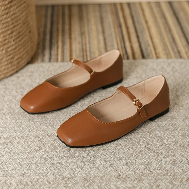 Mary Jane Square Head Retro Leather Flat Shoes