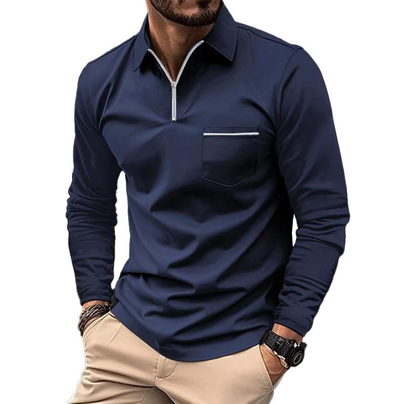 Men's Solid Zipper Lapel Breast Pocket Long Sleeve Shirt