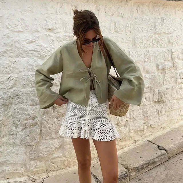 Ladies' Lace-up Shirt With V-neckline