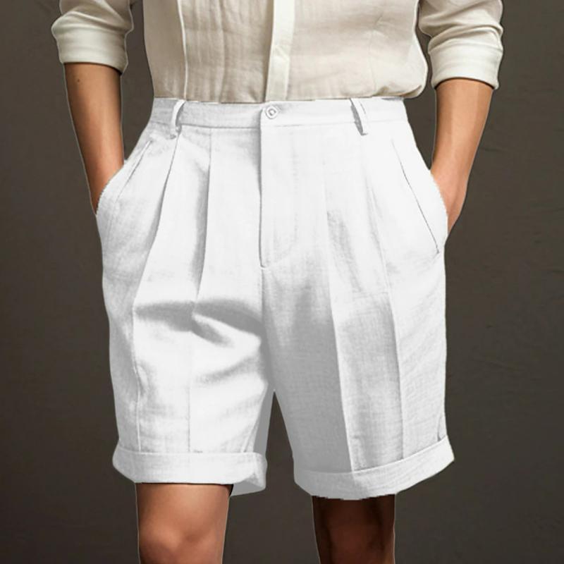 Men's Solid Linen Pleated Straight Casual Shorts