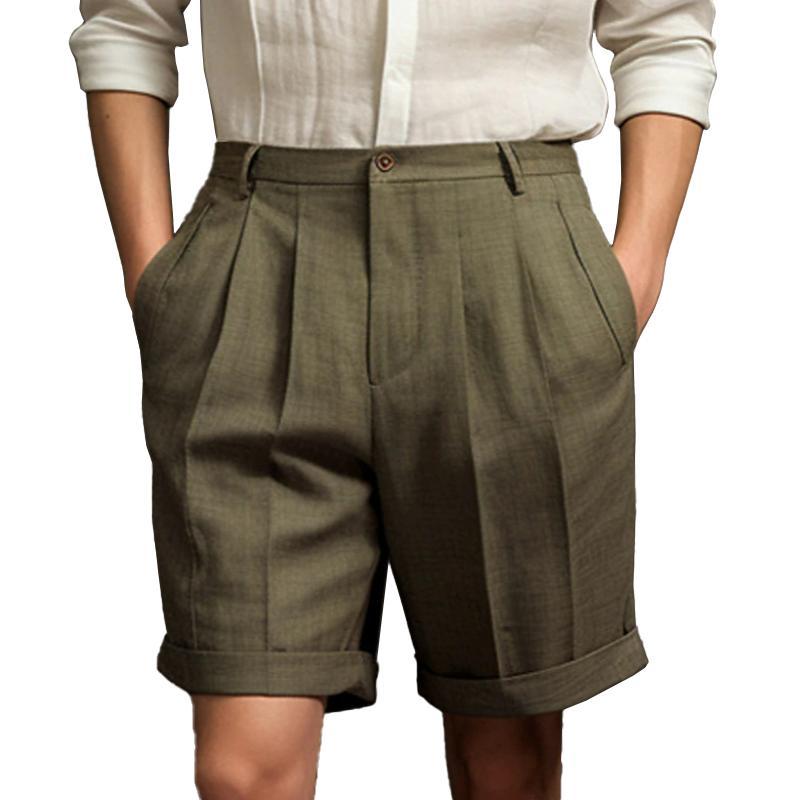 Men's Solid Linen Pleated Straight Casual Shorts