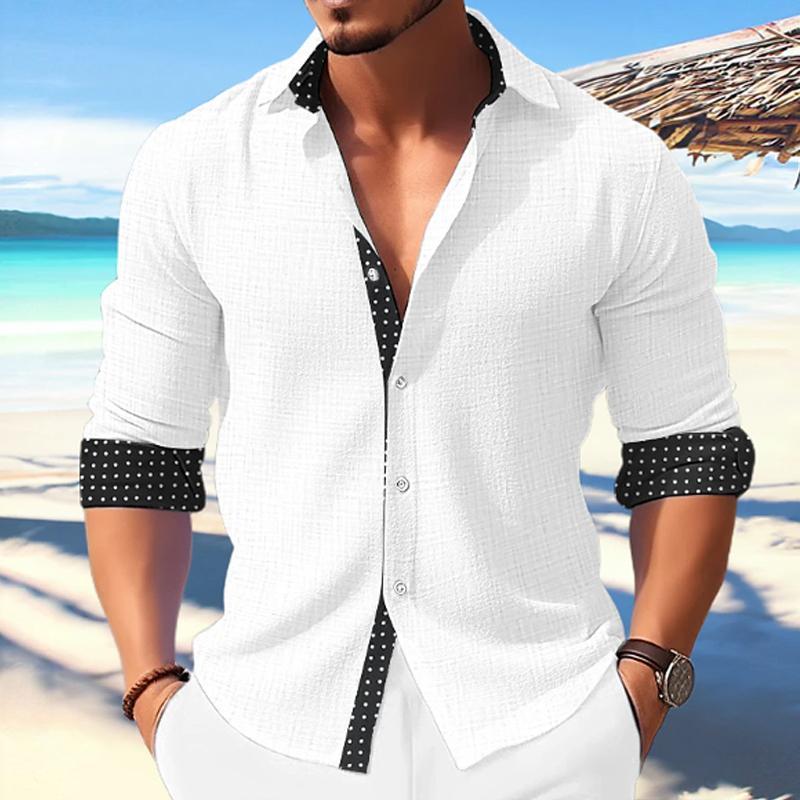 Men's Casual Polka Dot Print Paneled Lapel Long Sleeve Shirt