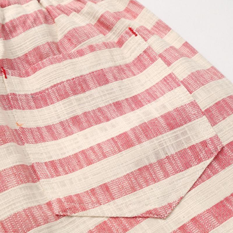 Men's Casual Cotton Linen Stripe Elastic Waist Straight Shorts