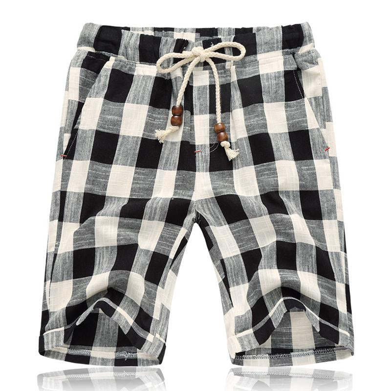 Men's Casual Cotton Linen Stripe Elastic Waist Straight Shorts