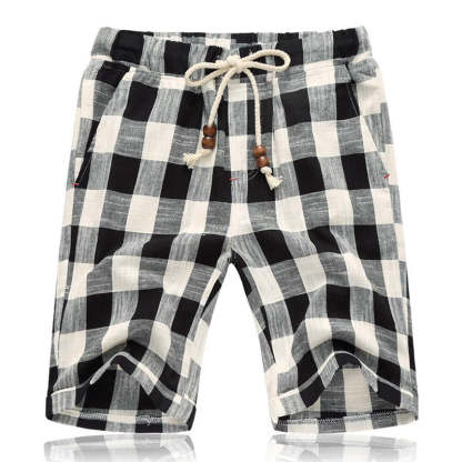 Men's Casual Cotton Linen Stripe Elastic Waist Straight Shorts