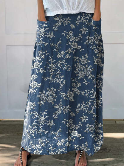 Batik Style Blue Floral Pattern Printed Women's Linen Pocket Skirt