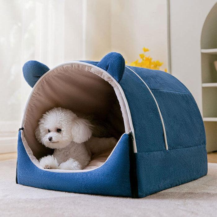 2 in 1 Cute Bear Ears Removable Dog House Foldable Cave House Shape Nest Pet Sleeping Bed