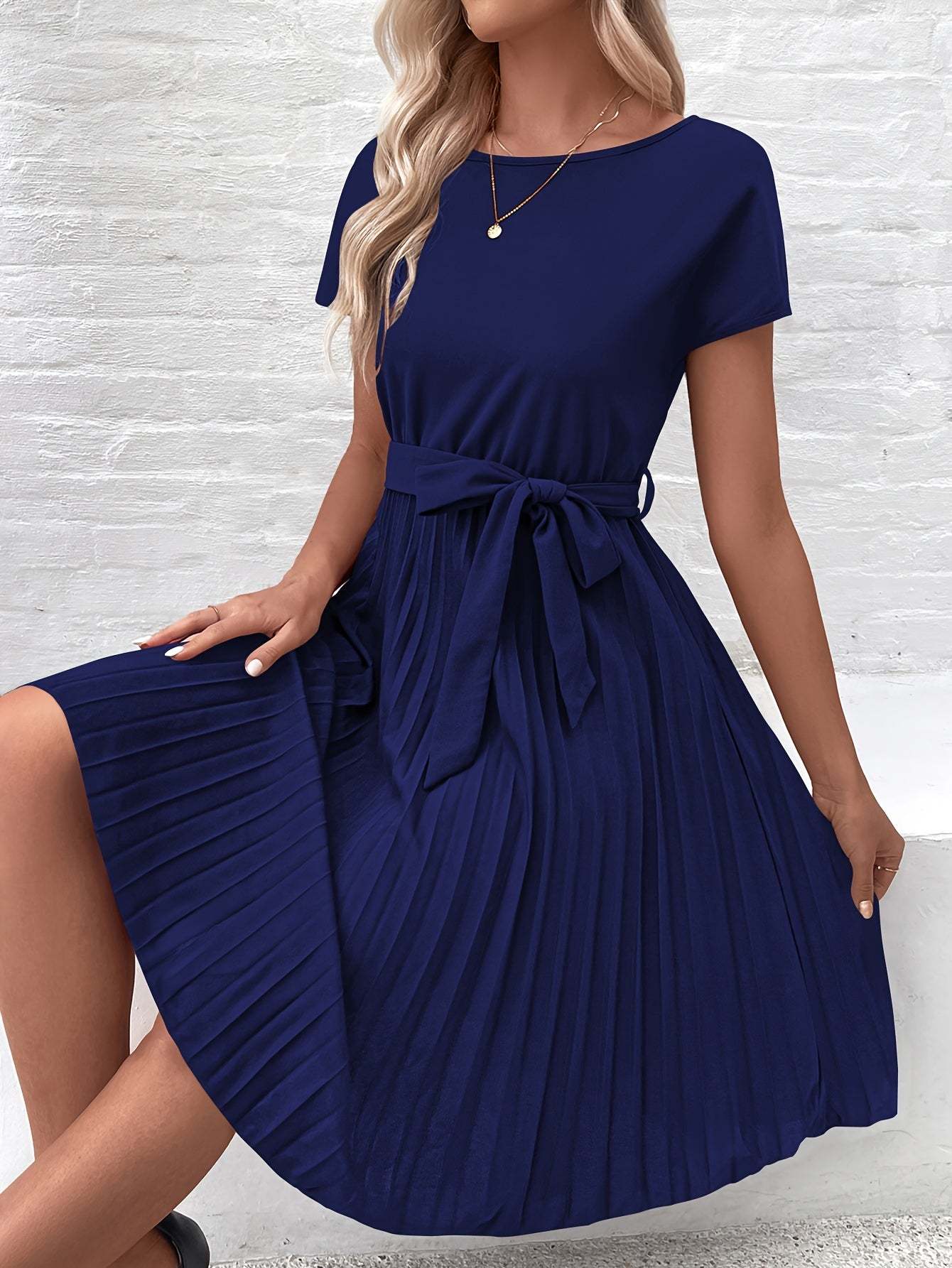 Round Neck Pleated Dress