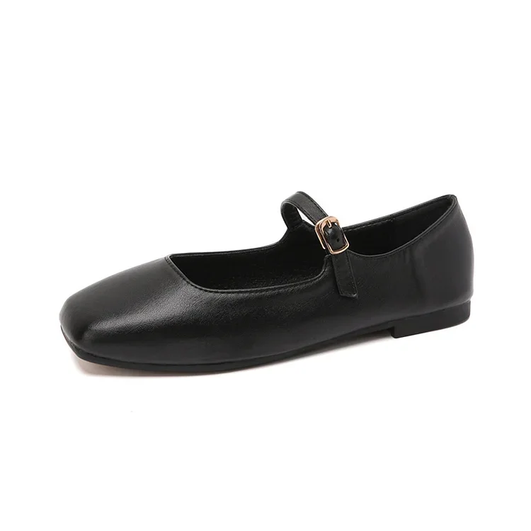 Mary Jane Square Head Retro Leather Flat Shoes