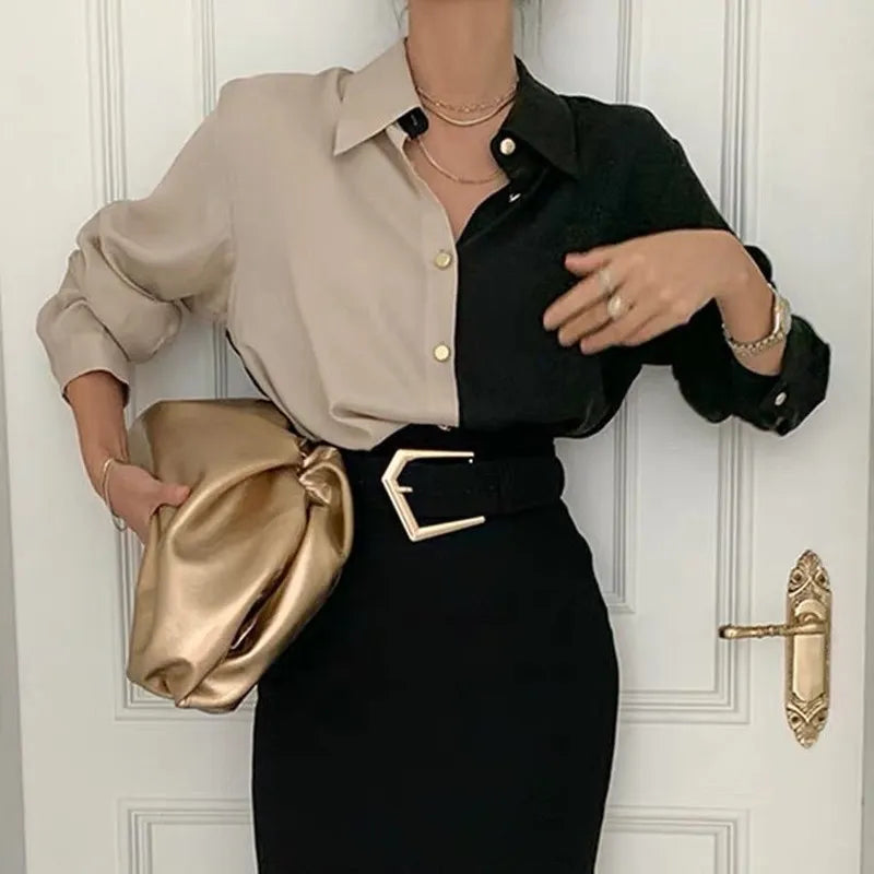 Elegant Vintage Khaki Black Blouse for Women