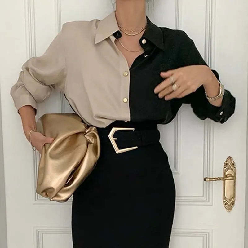Elegant Vintage Khaki Black Blouse for Women