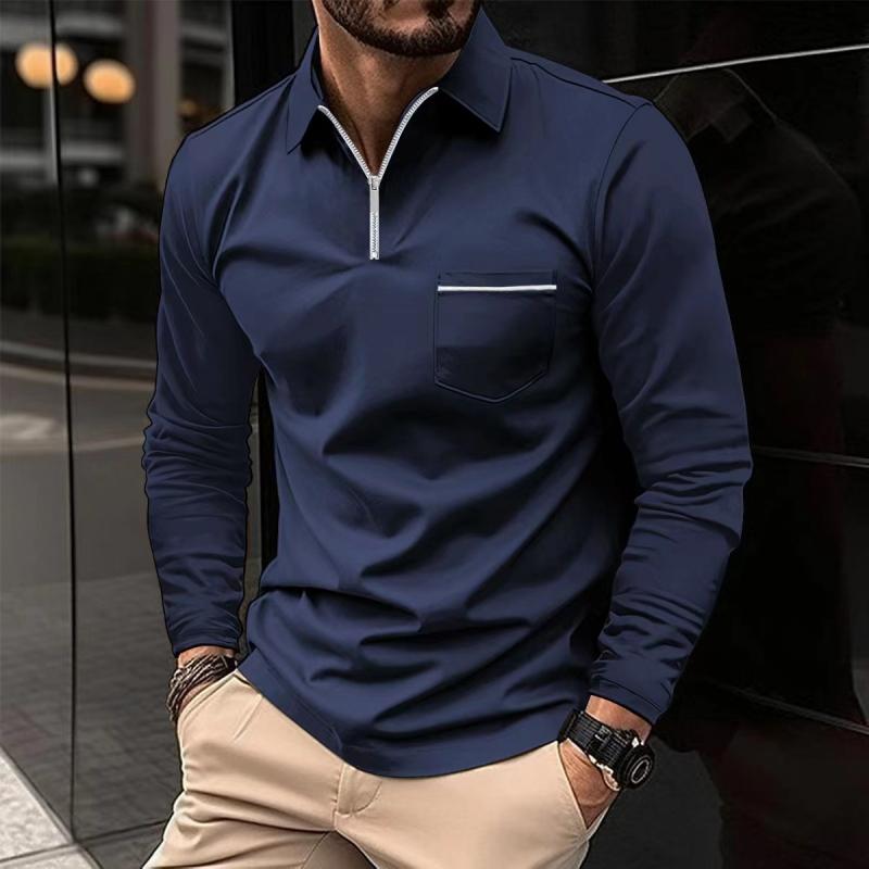 Men's Solid Zipper Lapel Breast Pocket Long Sleeve Shirt