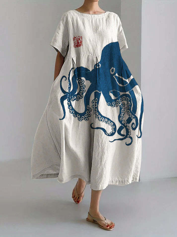 Gabriella - long dress in half linen with Japanese pattern in octopus 