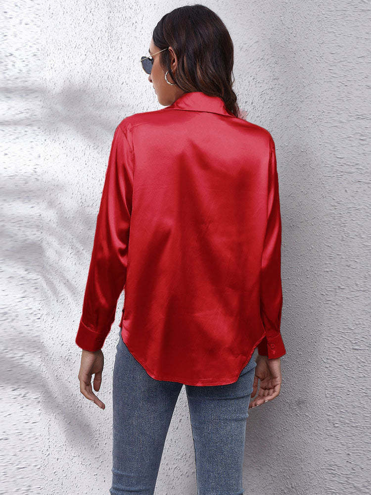 Satin Blouse Women Loose Button Placket Silky Long-sleeved Shirt