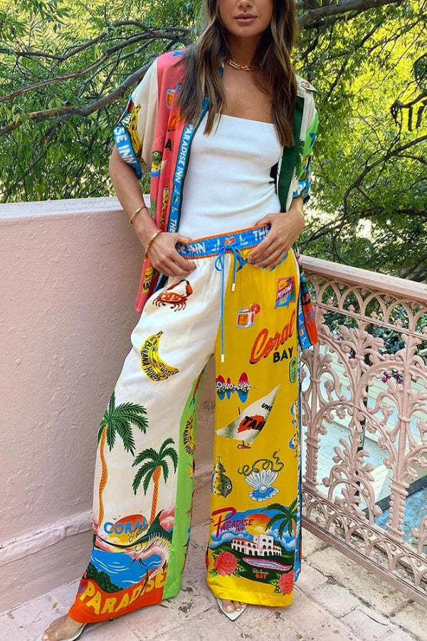 Vacation Graffiti Print Satin Casual Two-Piece Suit