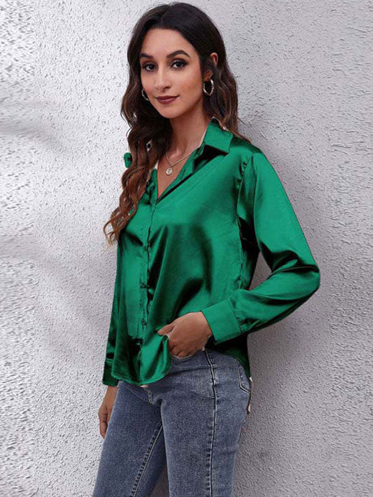 Satin Blouse Women Loose Button Placket Silky Long-sleeved Shirt
