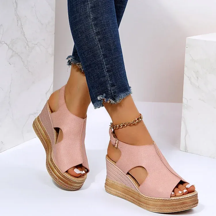 Roman peep toe platform sandals ankle strap hollow wedge sandals