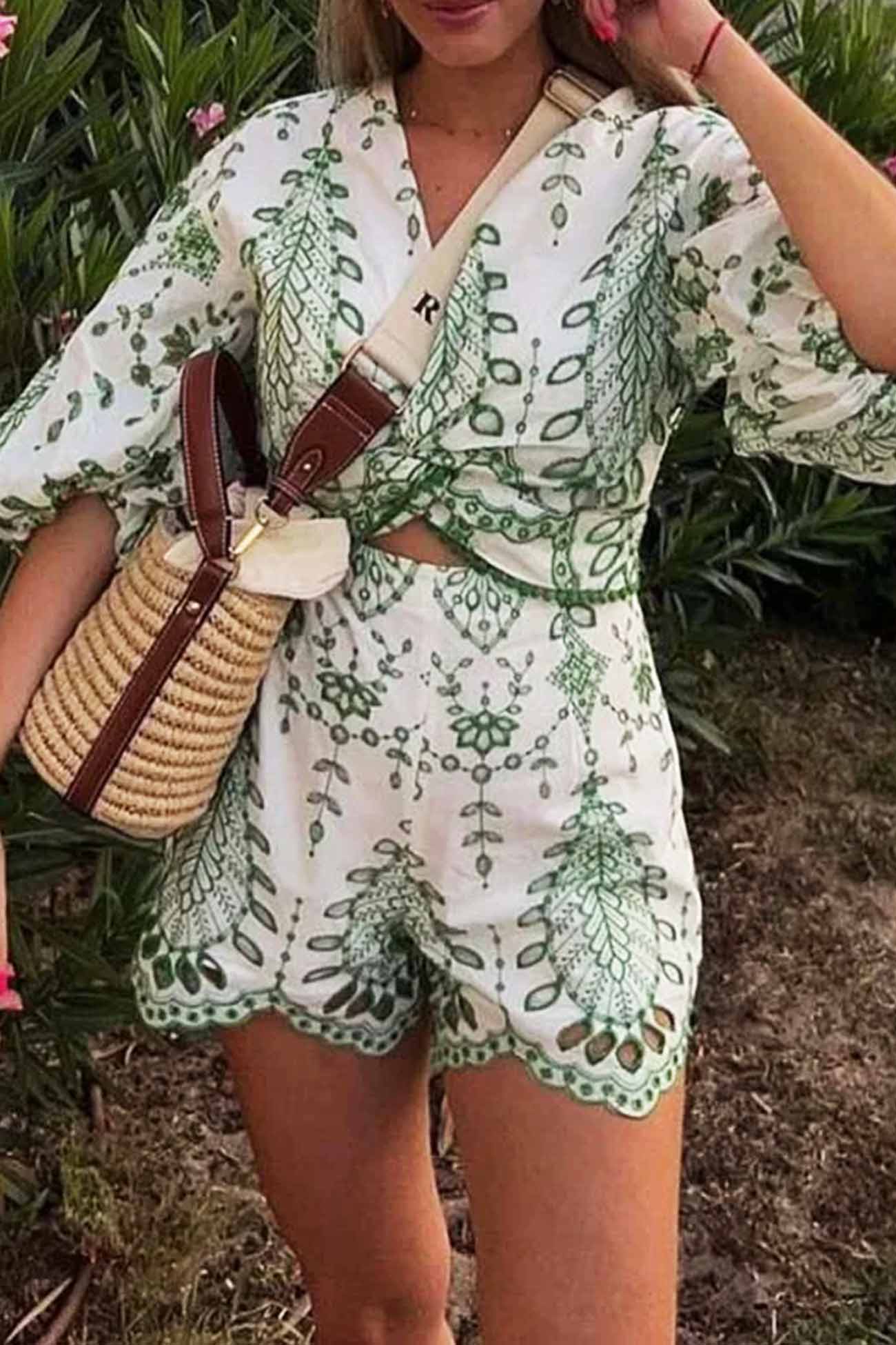 Elle - hollow embroidery v neck twisted shorts set