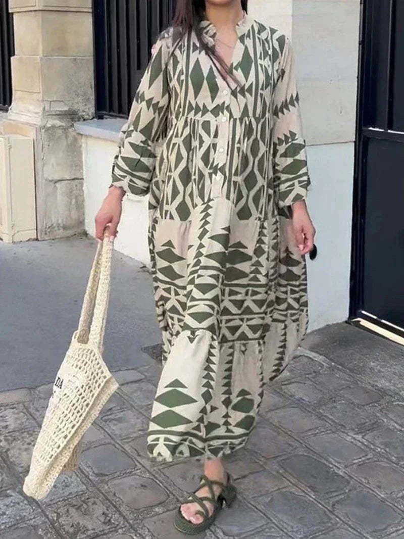 Oversized Dress With Retro Print and V-neckline