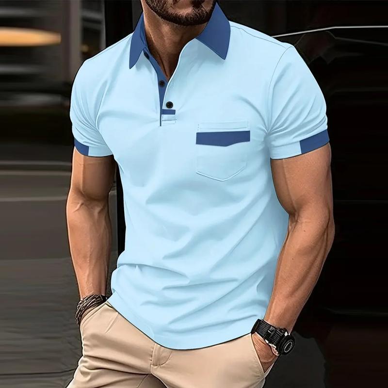 Men's Casual Color Block Pocket Short Sleeve Shirt