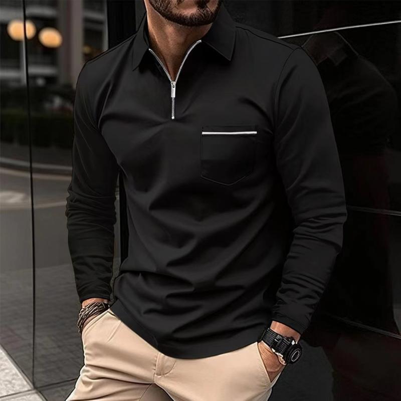 Men's Solid Zipper Lapel Breast Pocket Long Sleeve Shirt