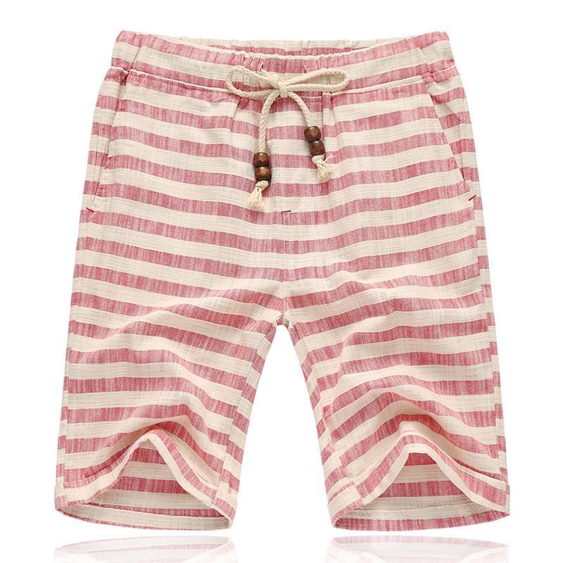 Men's Casual Cotton Linen Stripe Elastic Waist Straight Shorts
