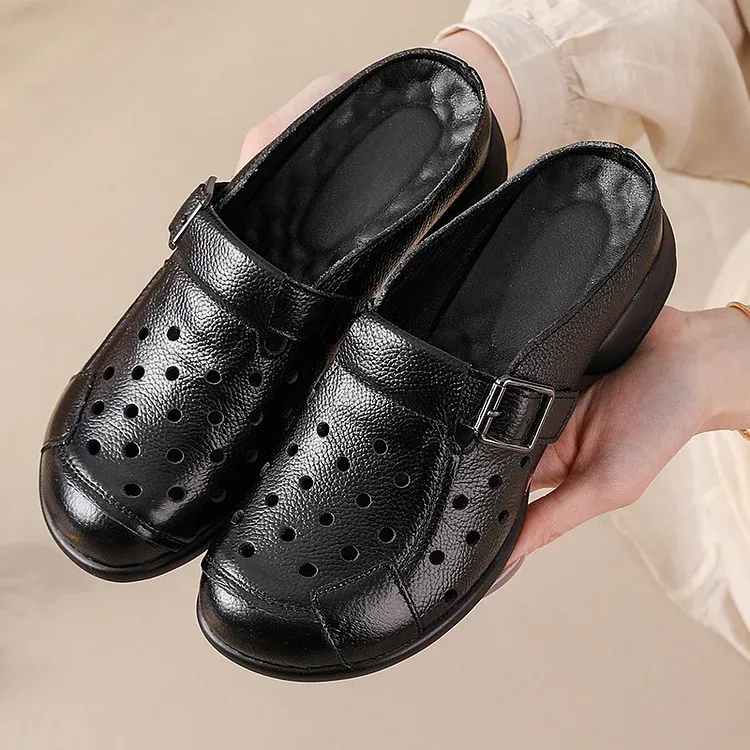 Women's Leather Clogs Wide Fit Lightweight Slip-On Shoes