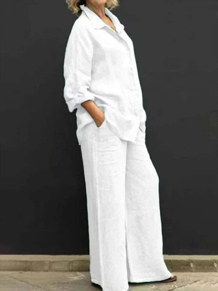 Casual linen ensemble with button placket