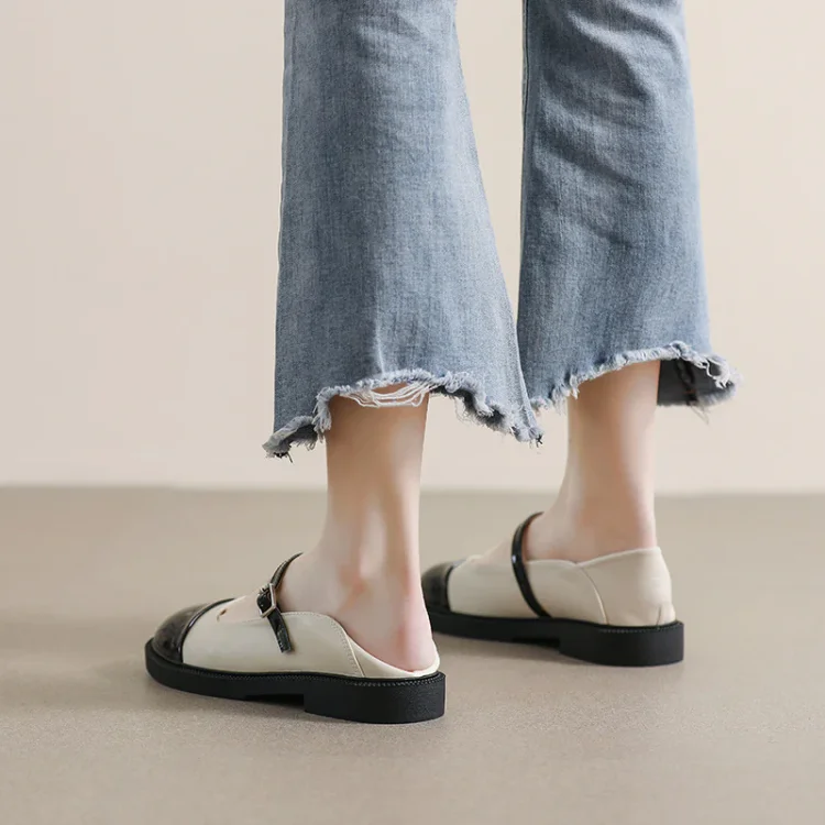 Color Matching Black and White Square Toe Retro Chunky Heel Shoes Women's Shoes