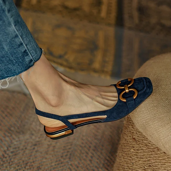 Womens Suede Solid Metallic Buckle Upper Slingback Flats