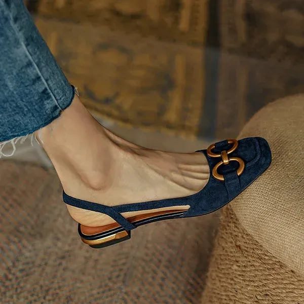 Womens Suede Solid Metallic Buckle Upper Slingback Flats