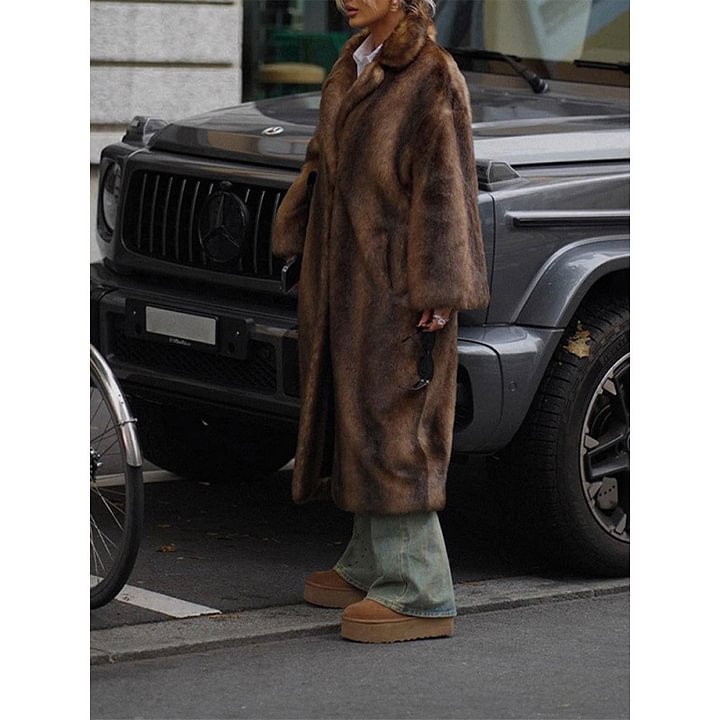 Elegant Faux Fur Trench Coat Long