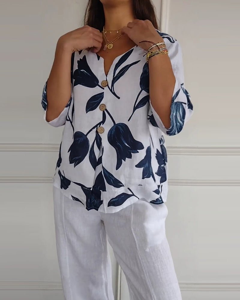 White Cotton-Linen Floral Top