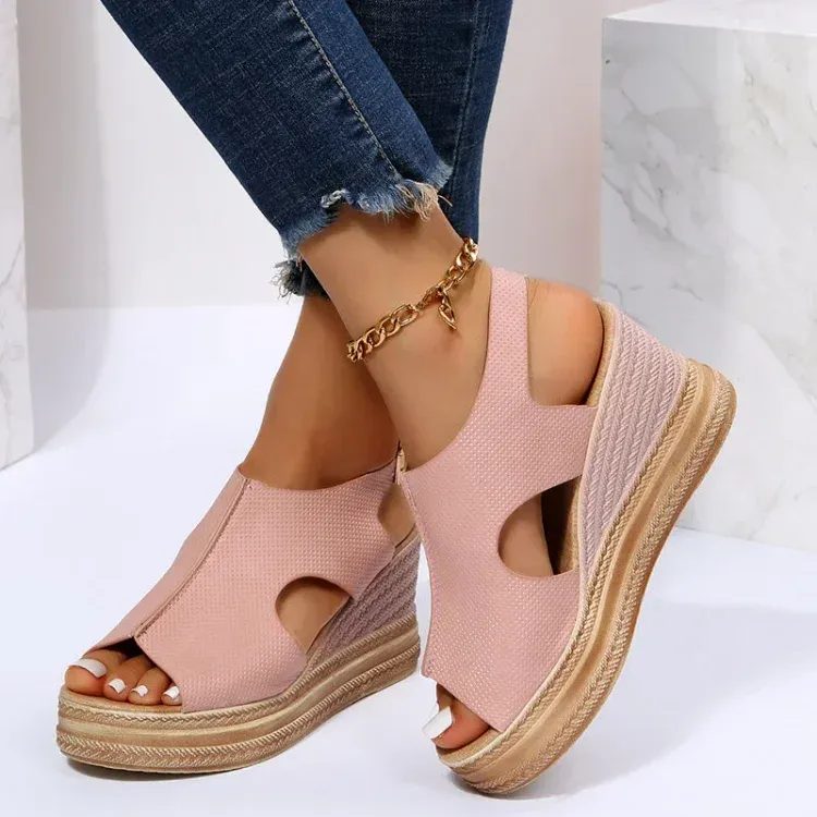 Roman peep toe platform sandals ankle strap hollow wedge sandals