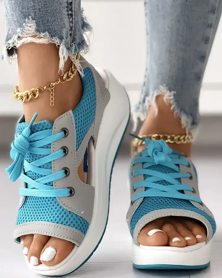 Orthopedic Contrast Paneled Cutout Lace-up Muffin Sandals