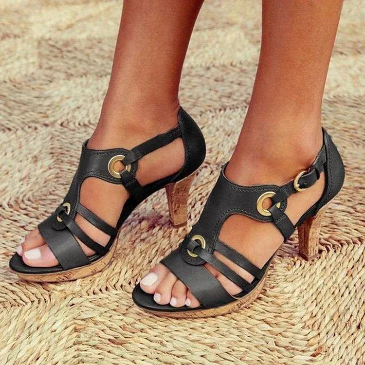 2026 Fashion Leather Open Toe Metal Buckle Women's High Heel Sandals