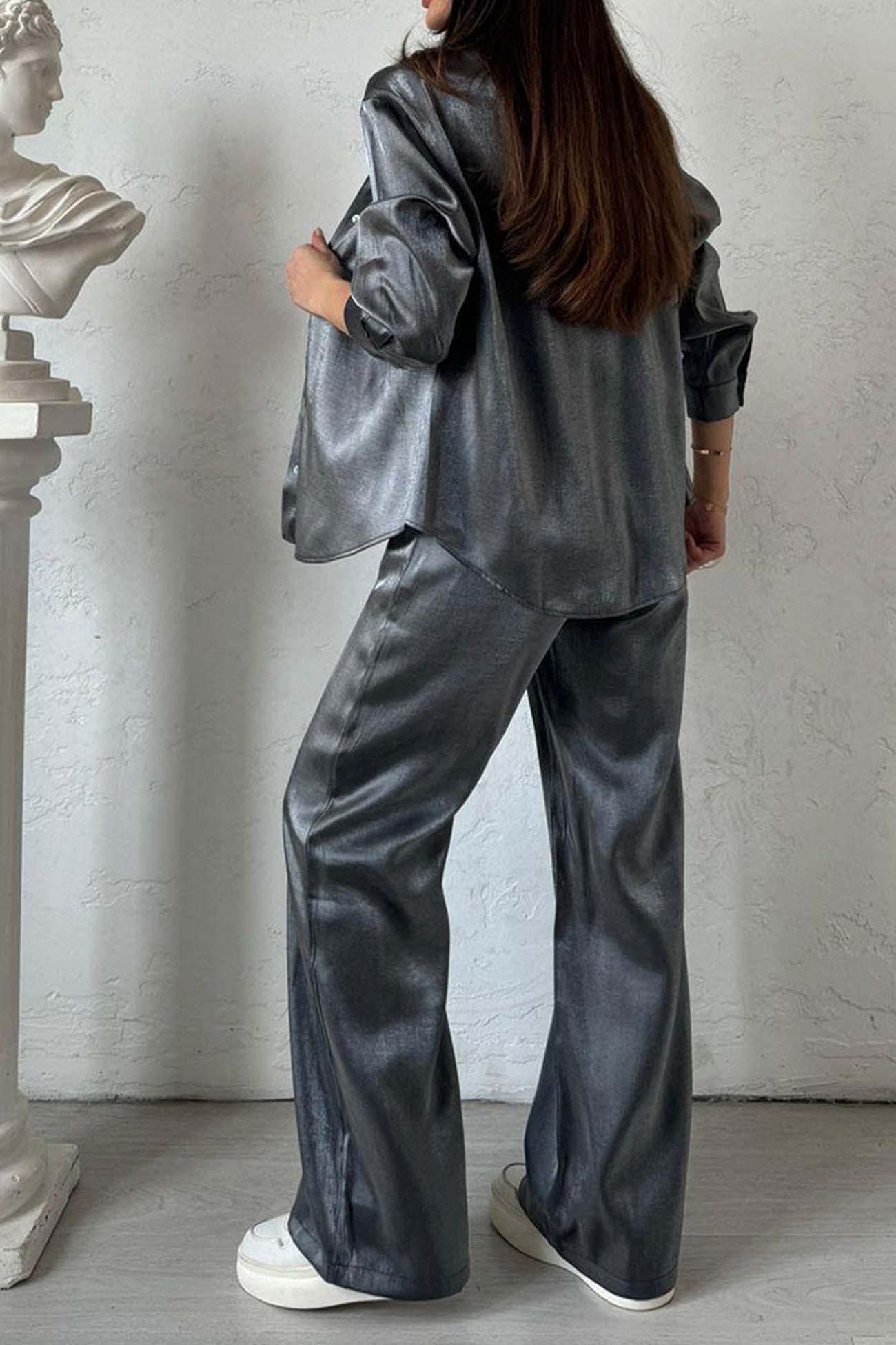Noor - metallic shiny button down shirt long pant set