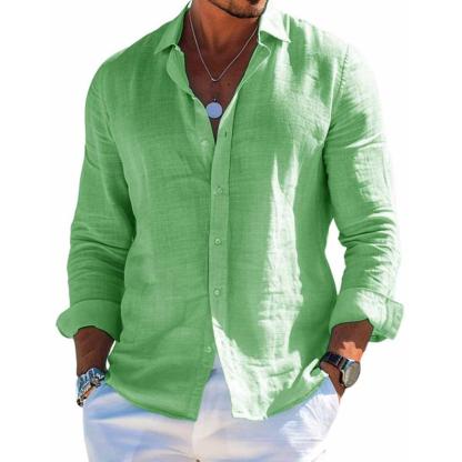 Men's Cotton and Linen Casual Solid Color Lapel Shirt
